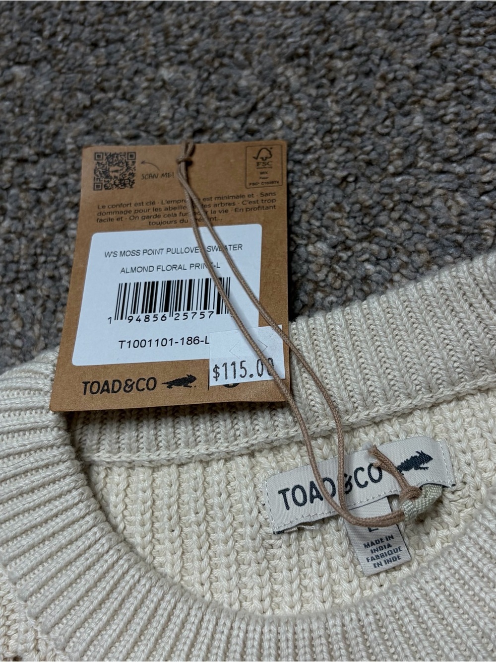 New With Tags Toad & Co Ws Moss Point Pullover Sweater Almond Floral Size L $115 - Picture 7 of 7